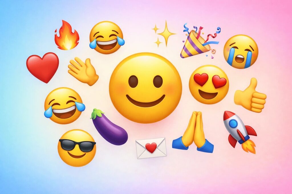 Collection of commonly used emojis displayed on a soft gradient background.